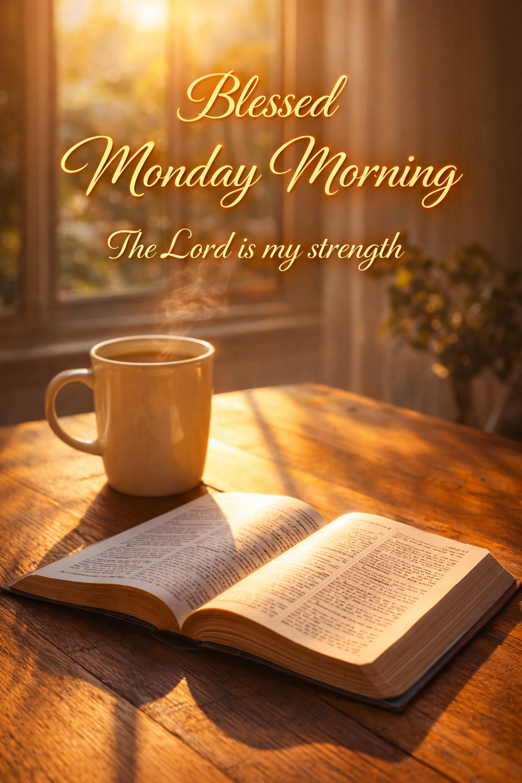 Coffee cup with open Bible on wooden desk, morning sunlight from window, "Blessed Monday Morning — The Lord is my strength" in warm gold — WhatsApp blessing